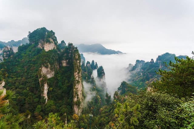 云端漫步张家界奇幻景色，绿意盎然的山峰在云雾中若隐若现，宛如仙境般的自然奇观。.