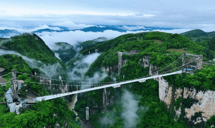 ALT标签：张家界天门山玻璃桥悬挂在绿色山脉之间，云雾缭绕，景色壮观。.